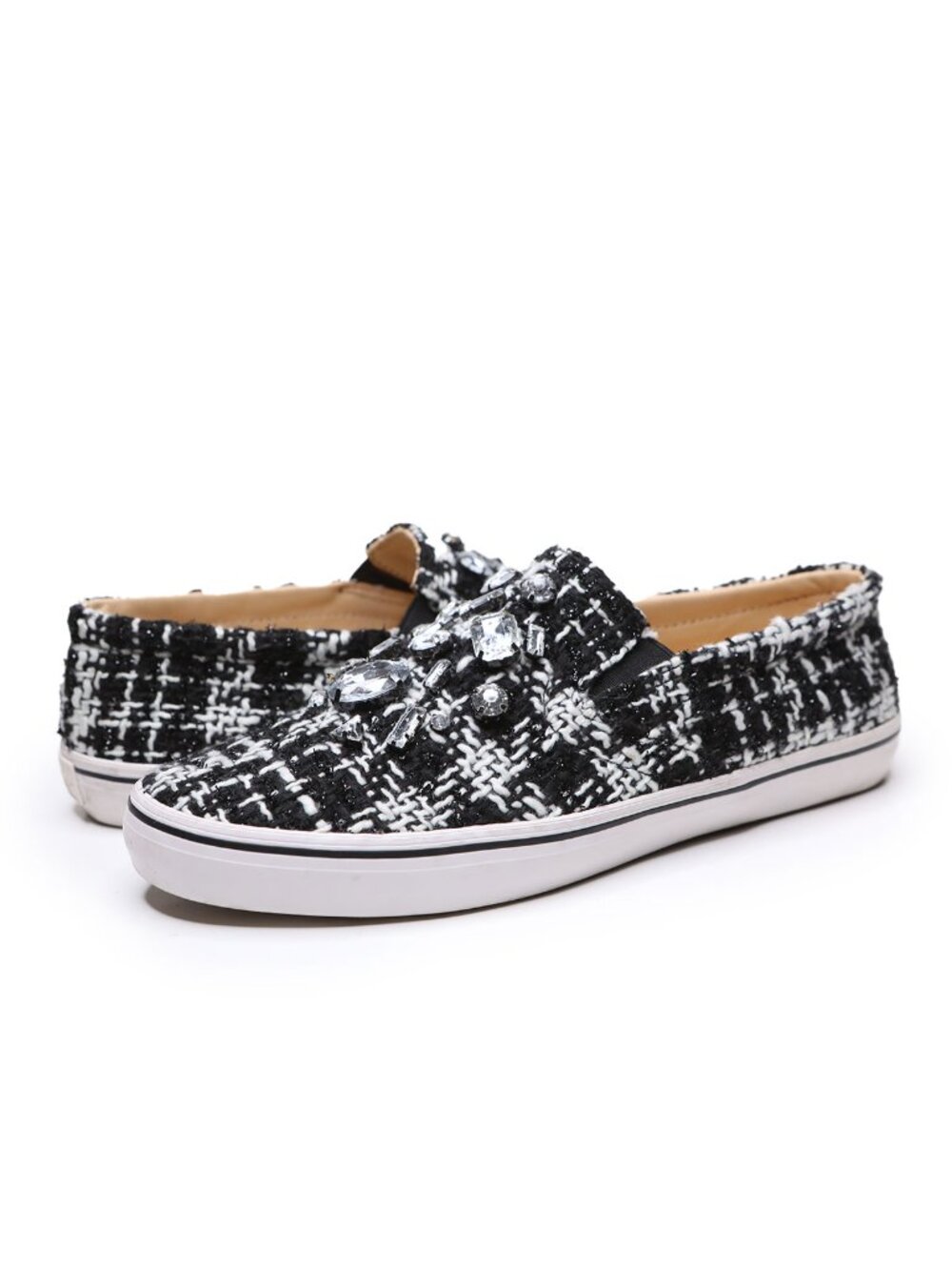 Kate Spade Slater Tweed Crystal Embellished Slip On Sneakers Black White 8.5 - Picture 2 of 13